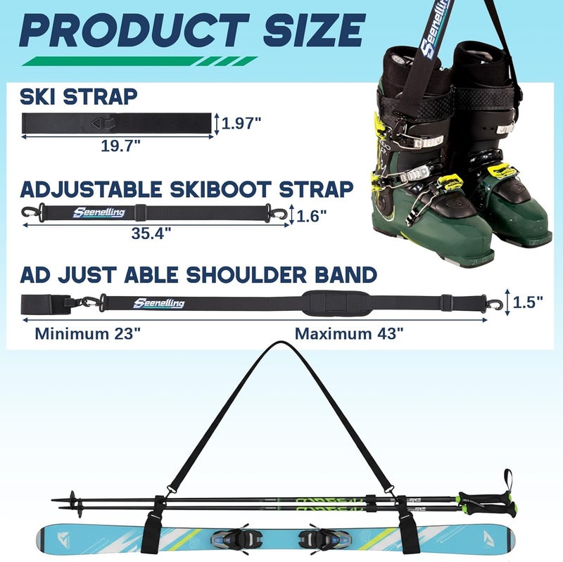 Seenelling 4 Pcs Ski Boot and Pole Carrier Straps Skiing Accessories 2 Anti Slip Boot Straps 2 Adjustable Shoulder Slings with Cushioned Pad and Buckle, Outdoor Winter Essential for Men Women - Image 2